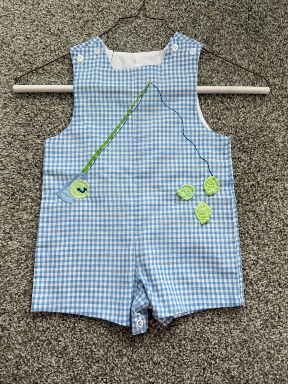 Mud Pie Blue Gingham Fishing John John Romper Size 12M